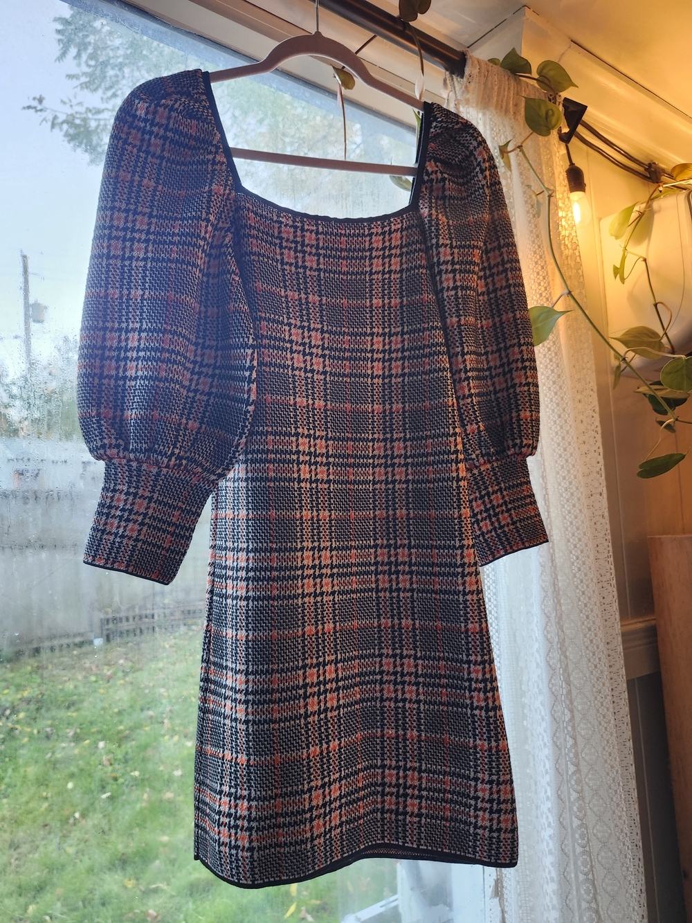 Zara Black and Orange Plaid Puff-Sleeve Mini Dress